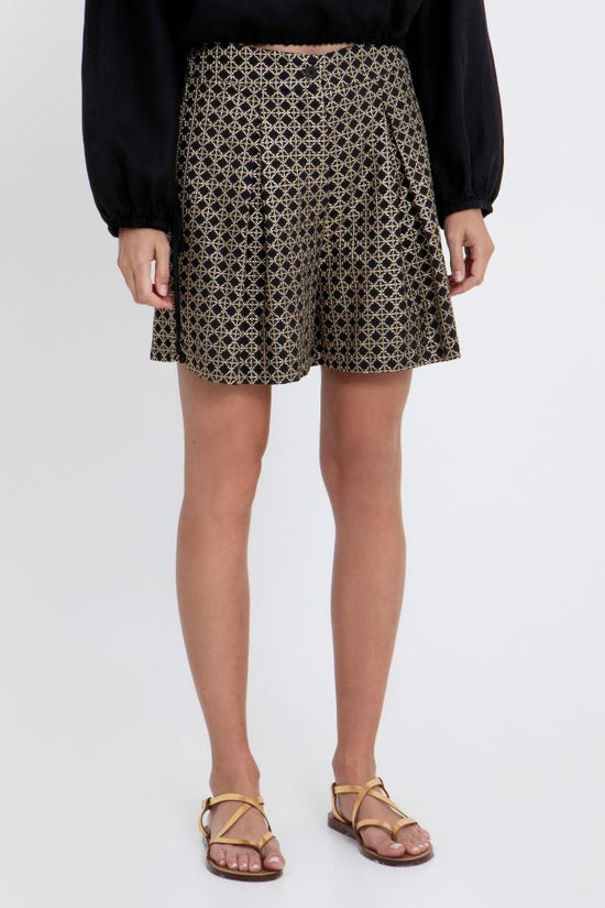 Greek Archaic Kori Black & Gold Wide Leg Shorts with Front Pleat 