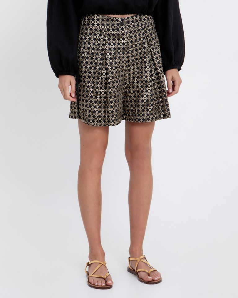Greek Archaic Kori Black & Gold Wide Leg Shorts with Front Pleat 