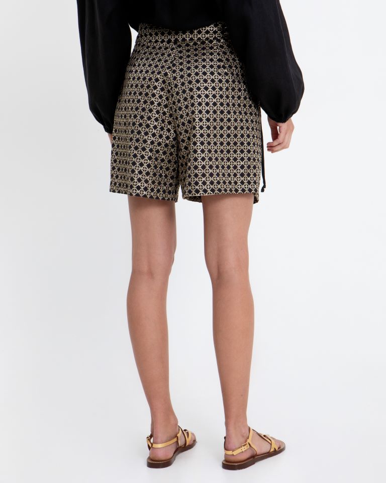 Greek Archaic Kori Black & Gold Wide Leg Shorts with Front Pleat 