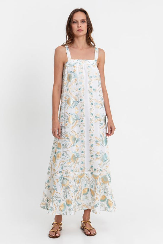 Greek Archaic Kori Gold and Blue Embroidered Cotton Maxi Dress 4053163