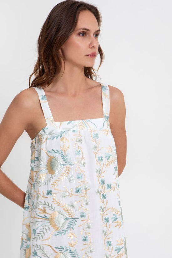 Greek Archaic Kori Gold and Blue Embroidered Cotton Maxi Dress 4053163