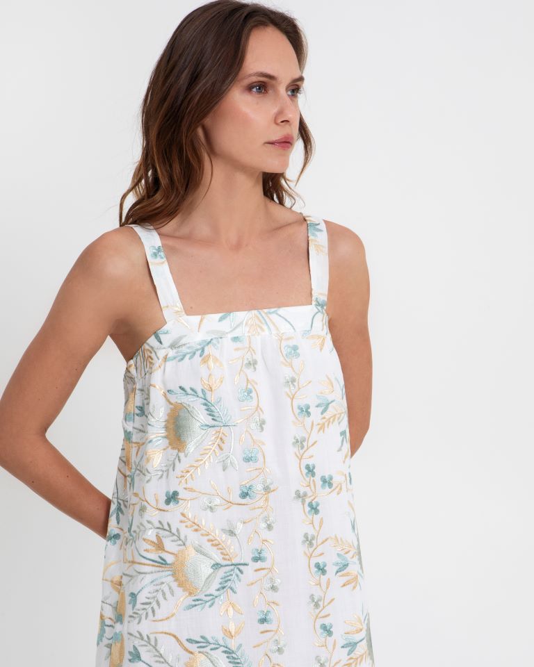 Greek Archaic Kori Gold and Blue Embroidered Cotton Maxi Dress 4053163