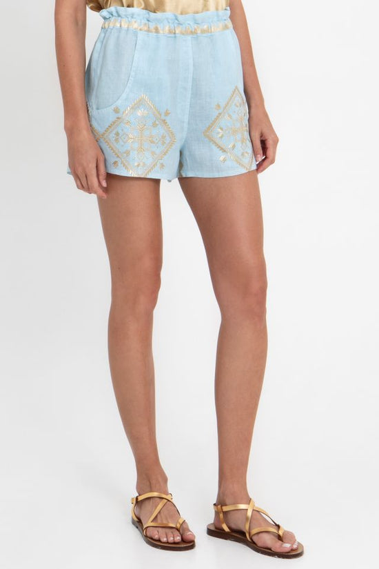 Greek Archaic Kori Sky Blue Linen Shorts with Gold Embroidery