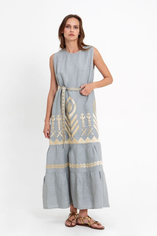 Greek Archaic Kori Sky Blue Linen Embroidered Maxi Dress – Sleeveless Round Neck 2133168
