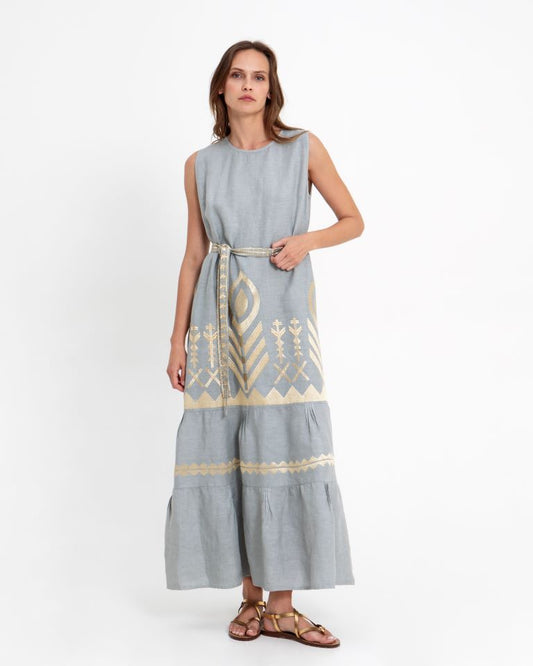 Greek Archaic Kori Sky Blue Linen Embroidered Maxi Dress – Sleeveless Round Neck 2133168