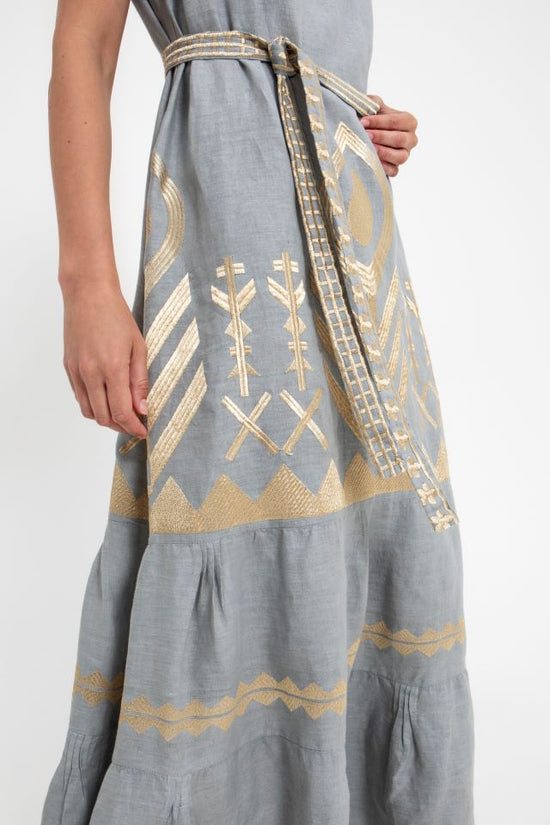 Greek Archaic Kori Sky Blue Linen Embroidered Maxi Dress – Sleeveless Round Neck 2133168