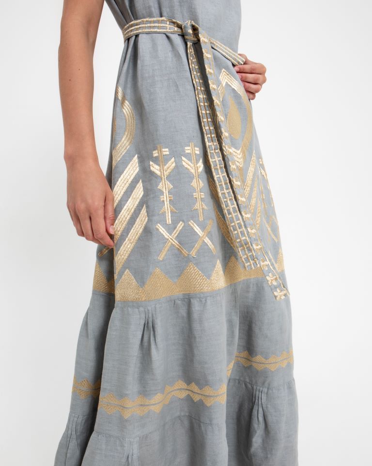 Greek Archaic Kori Sky Blue Linen Embroidered Maxi Dress – Sleeveless Round Neck 2133168