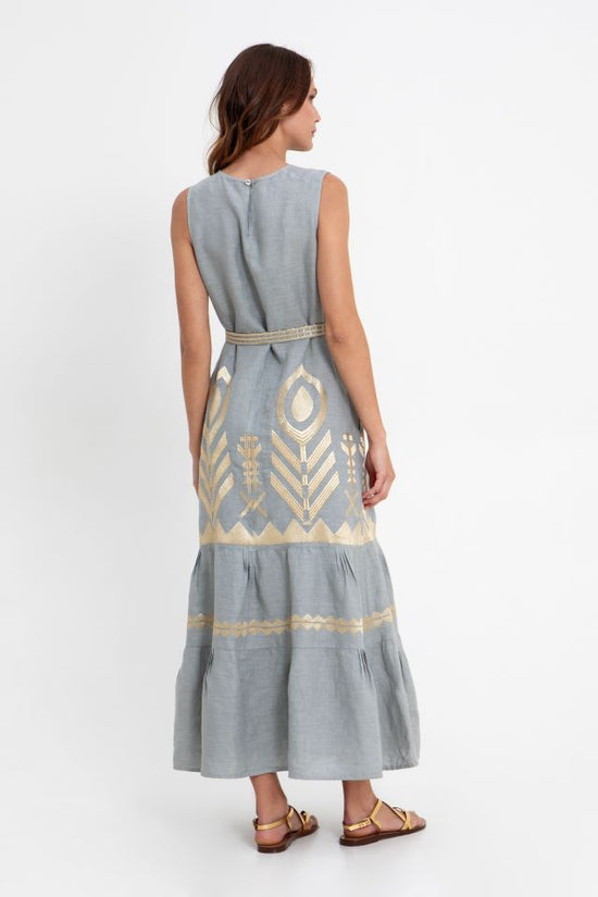 Greek Archaic Kori Sky Blue Linen Embroidered Maxi Dress – Sleeveless Round Neck 2133168