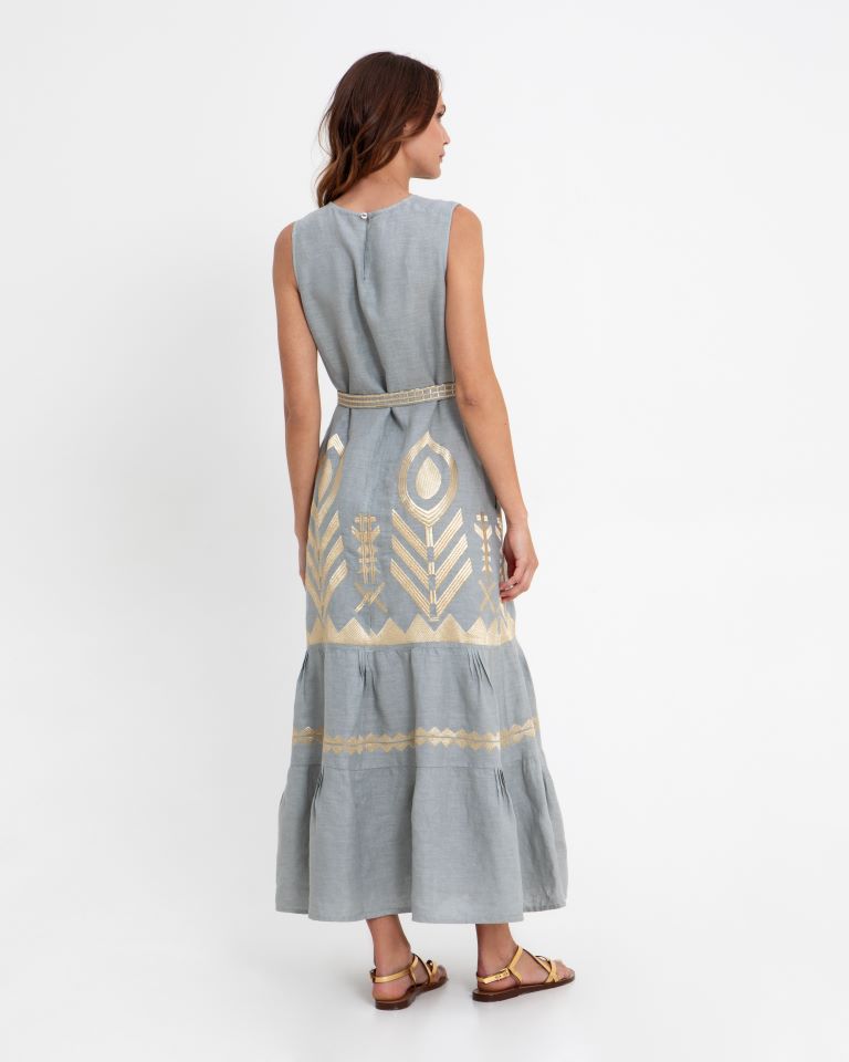 Greek Archaic Kori Sky Blue Linen Embroidered Maxi Dress – Sleeveless Round Neck 2133168