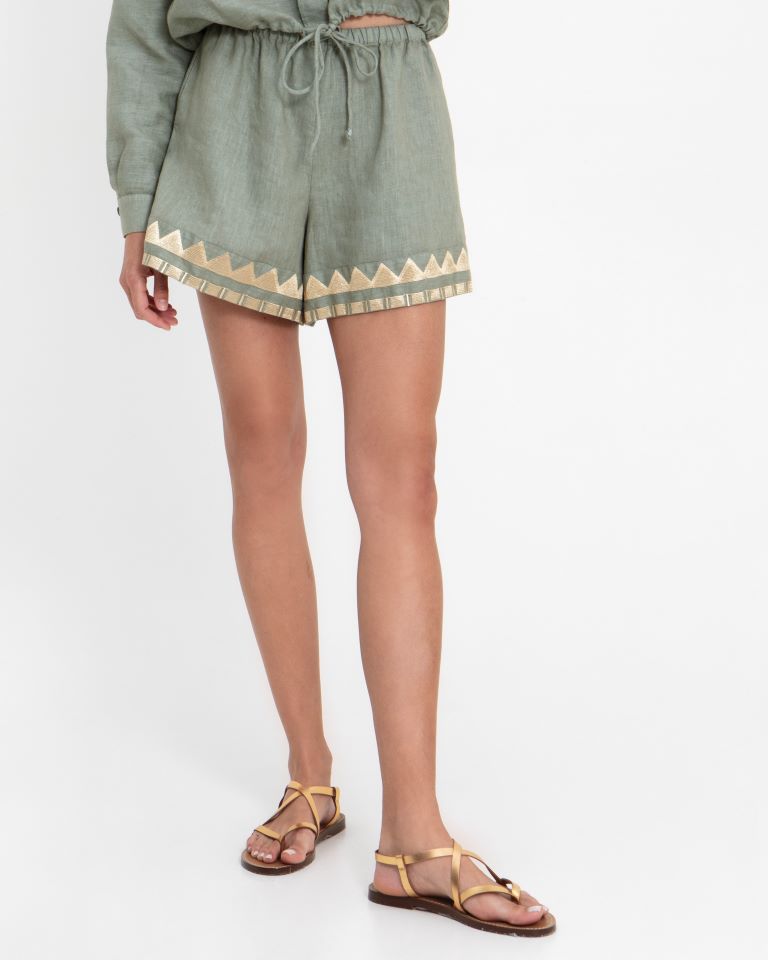 Greek Archaic Kori Sage Linen Pull-On Shorts
