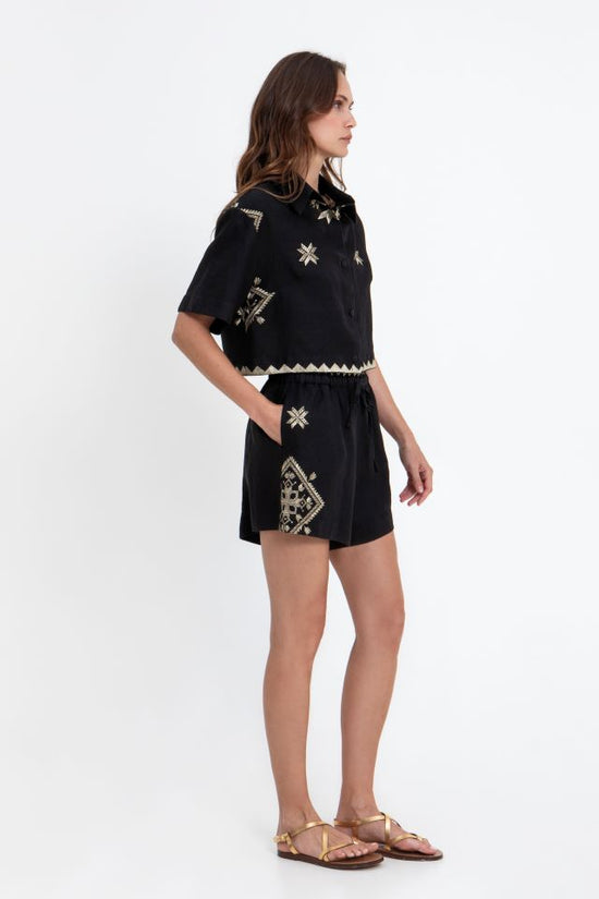 Greek Archaic Kori Black Linen Shorts with Gold Embroidery