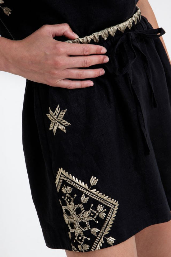 Greek Archaic Kori Black Linen Shorts with Gold Embroidery