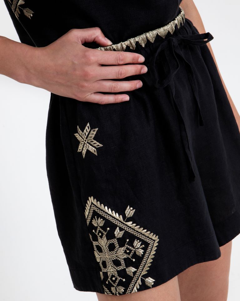 Greek Archaic Kori Black Linen Shorts with Gold Embroidery