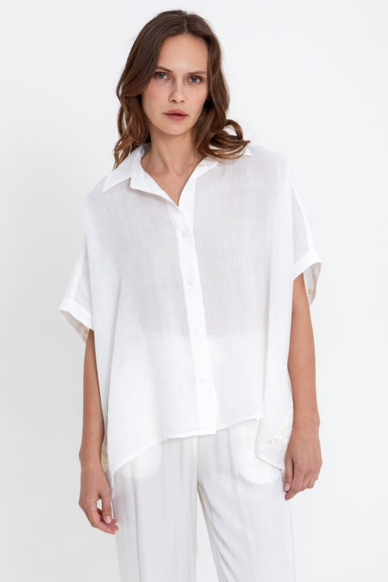 Greek Archaic Kori White Loose Fit Shirt with Gold Embroidery on Back 