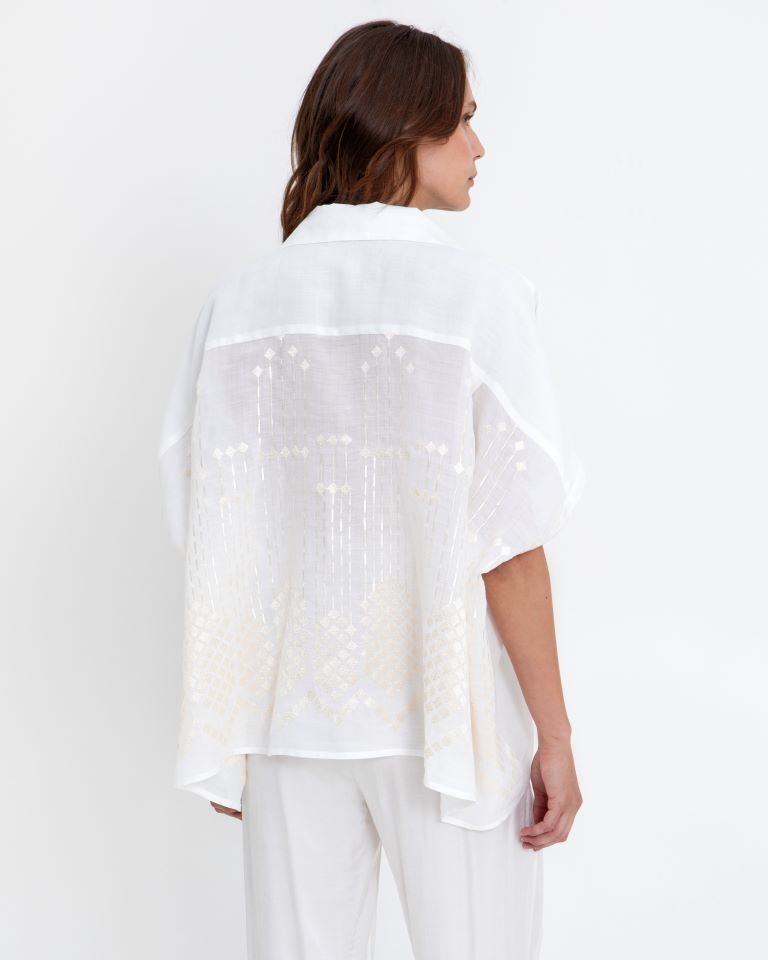 Greek Archaic Kori White Loose Fit Shirt with Gold Embroidery on Back 