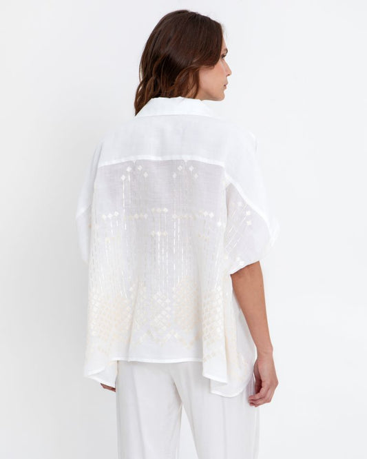 Greek Archaic Kori White Loose Fit Shirt with Gold Embroidery on Back 4085036