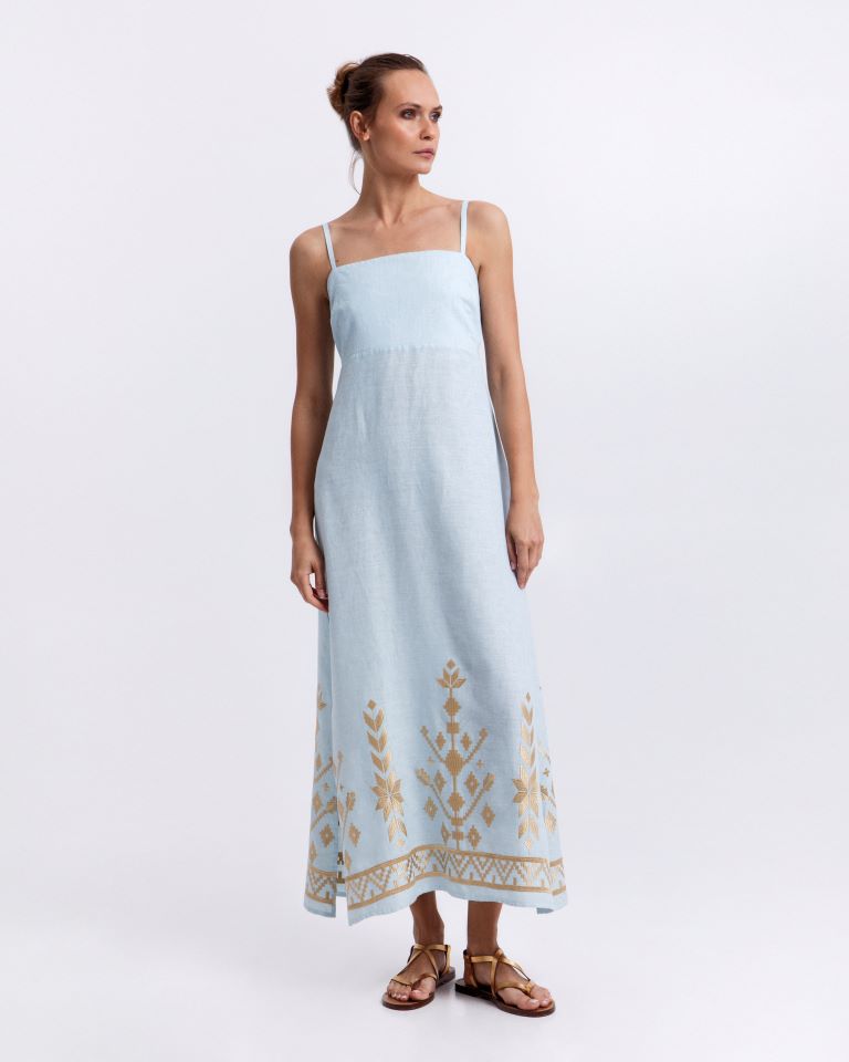 Greek Archaic Kori Light Blue Linen Maxi Sundress 2043211