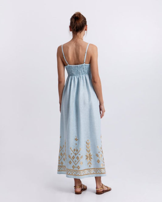 Greek Archaic Kori Light Blue Linen Maxi Sundress 2043211