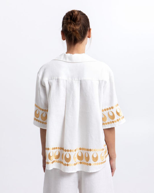 Greek Archaic Kori White Linen Loose Fit Top with Gold Embroidery