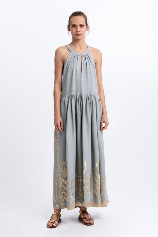 Greek Archaic Kori Stone Sleeveless Maxi Dress with Gold Embroidery, Round Neck 2133153