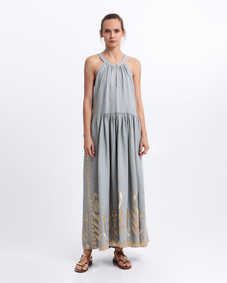 Greek Archaic Kori Stone Sleeveless Maxi Dress with Gold Embroidery, Round Neck 2133153