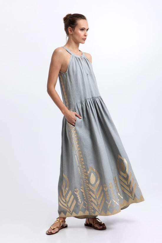 Greek Archaic Kori Stone Sleeveless Maxi Dress with Gold Embroidery, Round Neck 2133153
