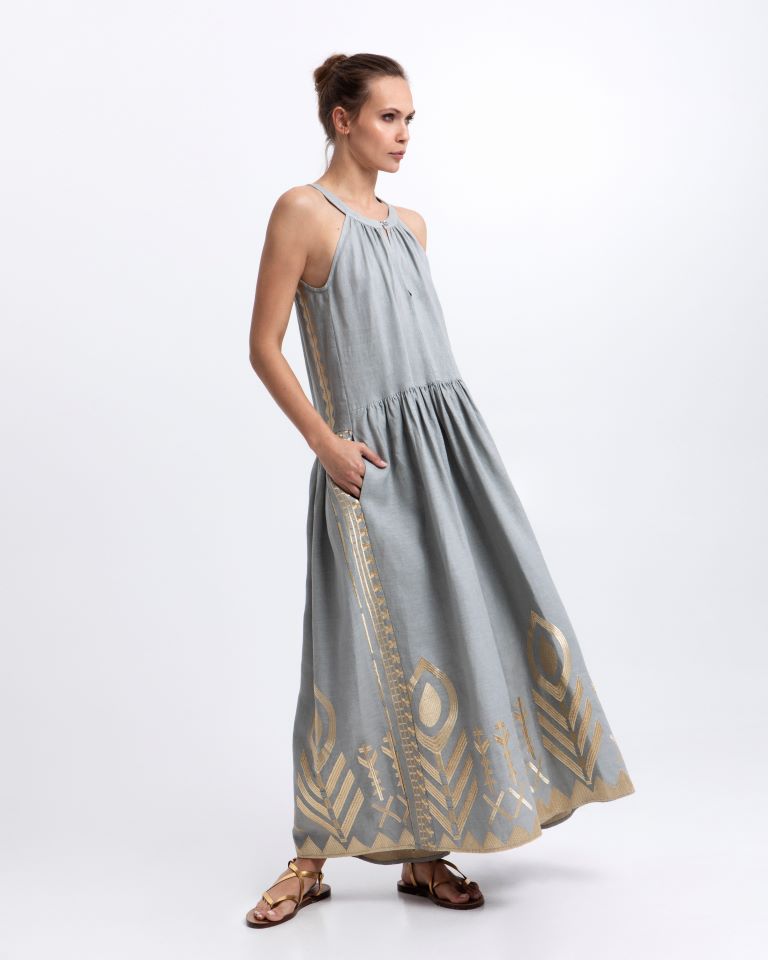 Greek Archaic Kori Stone Sleeveless Maxi Dress with Gold Embroidery, Round Neck 2133153