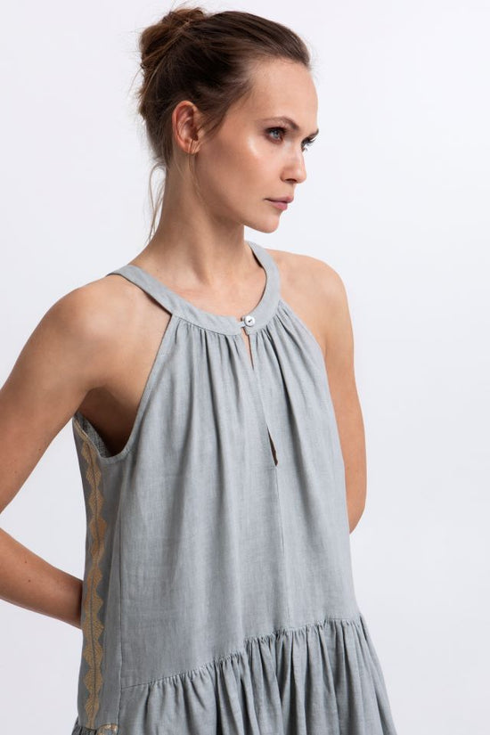 Greek Archaic Kori Stone Sleeveless Maxi Dress with Gold Embroidery, Round Neck 2133153