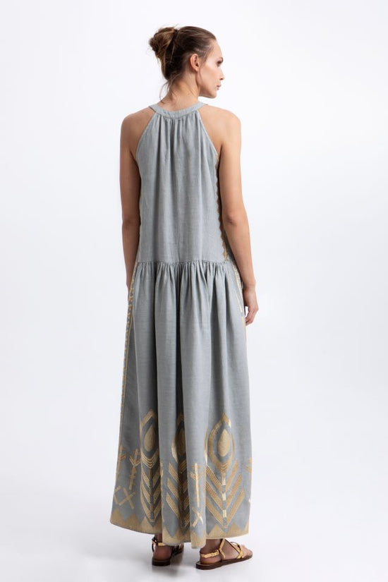 Greek Archaic Kori Stone Sleeveless Maxi Dress with Gold Embroidery, Round Neck 2133153