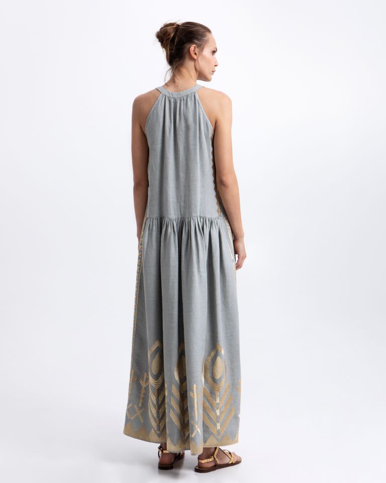 Greek Archaic Kori Stone Sleeveless Maxi Dress with Gold Embroidery, Round Neck 2133153