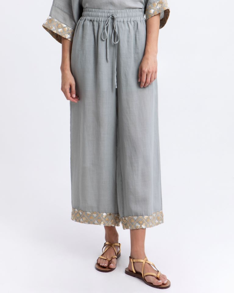 Greek Archaic Kori Stone Wide Leg Cropped Cotton Trousers