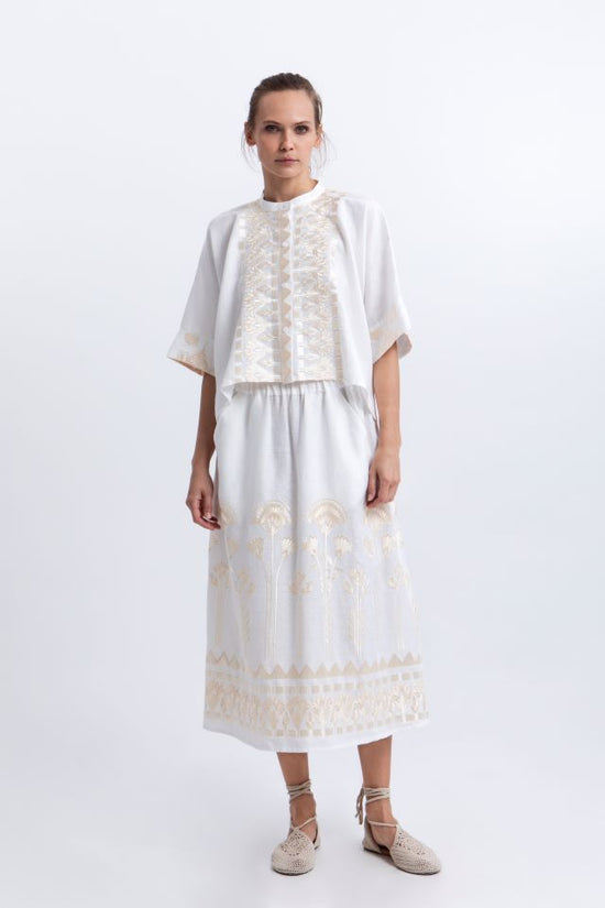 Greek Archaic Kori White Linen Cropped Shirt with Gold Papyrus Embroidery