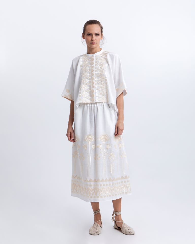 Greek Archaic Kori White Linen Cropped Shirt with Gold Papyrus Embroidery