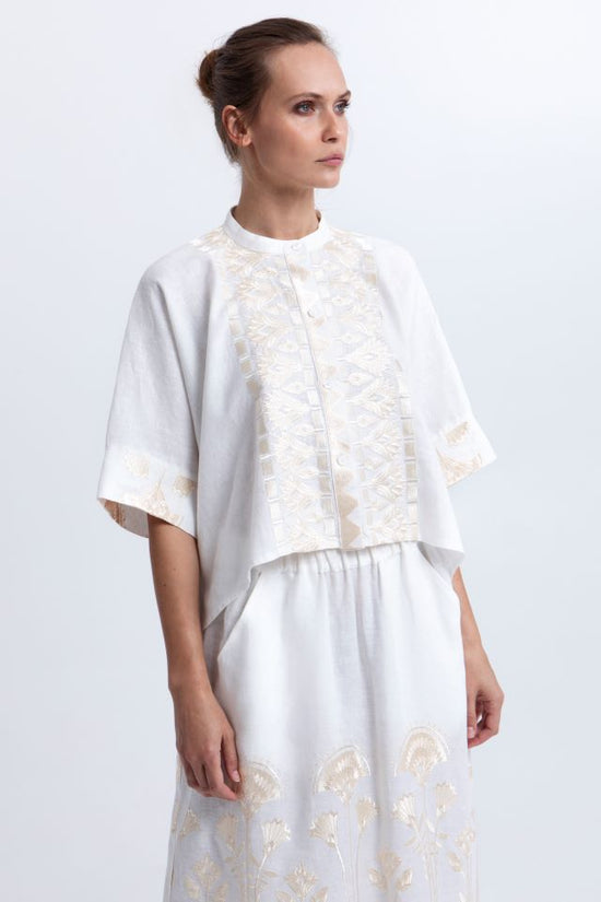 Greek Archaic Kori White Linen Cropped Shirt with Gold Papyrus Embroidery