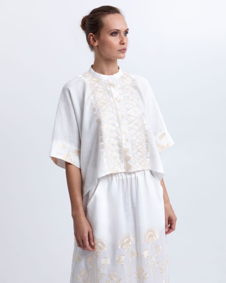 Greek Archaic Kori White Linen Cropped Shirt with Gold Papyrus Embroidery