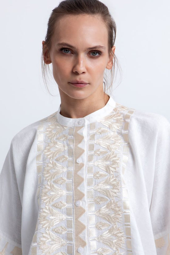 Greek Archaic Kori White Linen Cropped Shirt with Gold Papyrus Embroidery