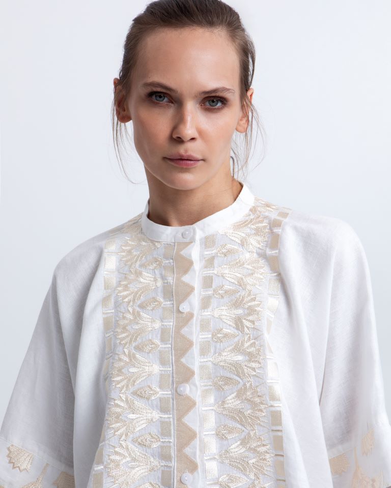 Greek Archaic Kori White Linen Cropped Shirt with Gold Papyrus Embroidery