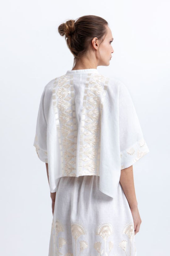 Greek Archaic Kori White Linen Cropped Shirt with Gold Papyrus Embroidery