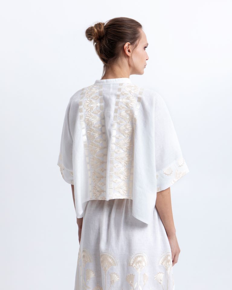 Greek Archaic Kori White Linen Cropped Shirt with Gold Papyrus Embroidery
