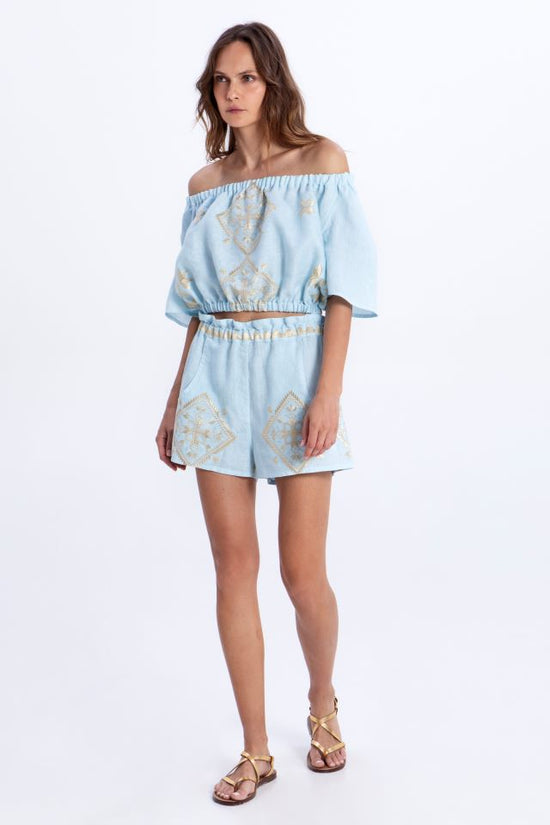Greek Archaic Kori Sky Blue Linen Shorts with Gold Embroidery