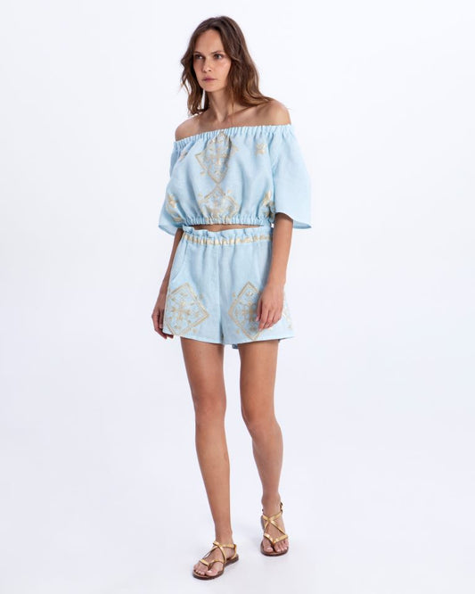 Greek Archaic Kori Sky Blue Linen Shorts with Gold Embroidery, Frill Elastic Waistband 2141131