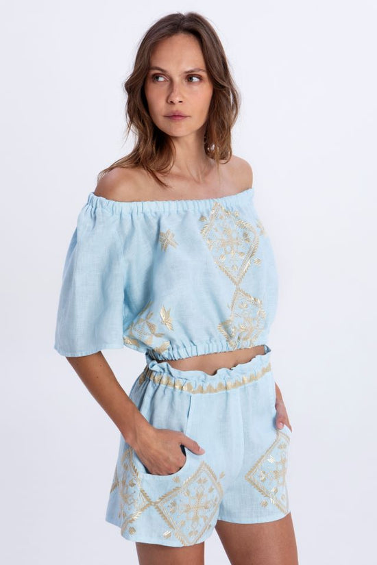 Greek Archaic Kori Sky Blue Cropped Bardot Top
