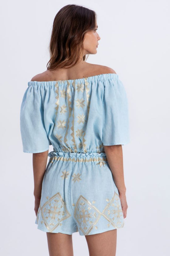 Greek Archaic Kori Sky Blue Cropped Bardot Top