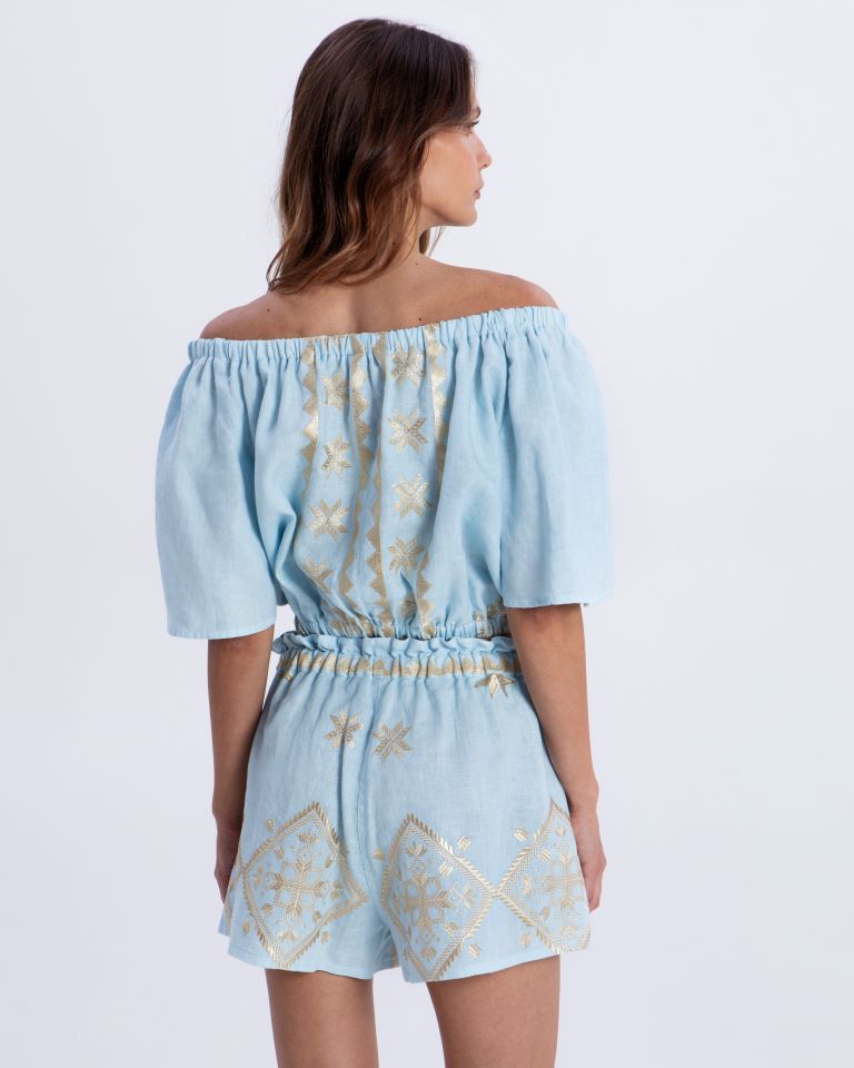 Greek Archaic Kori Sky Blue Cropped Bardot Top