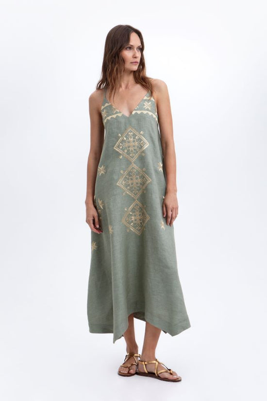Greek Archaic Kori Sage Linen V-Neck Maxi Sundress