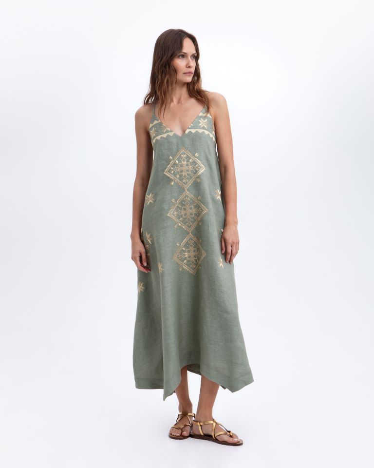 Greek Archaic Kori Sage Linen V-Neck Maxi Sundress