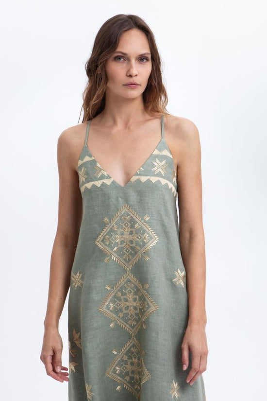 Greek Archaic Kori Sage Linen V-Neck Maxi Sundress