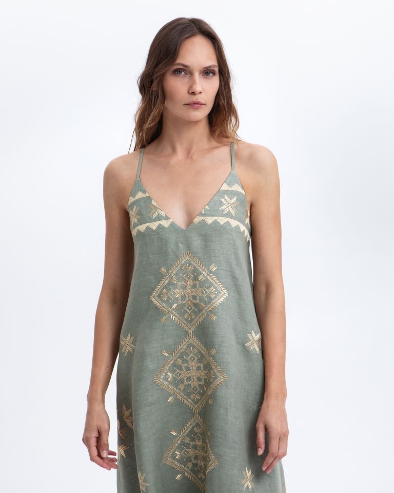 Greek Archaic Kori Sage Linen V-Neck Maxi Sundress