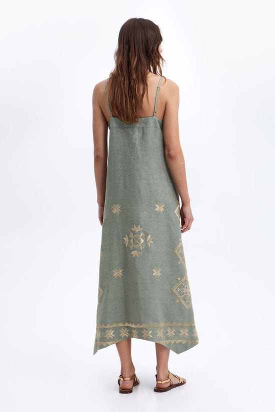 Greek Archaic Kori Sage Linen V-Neck Maxi Sundress