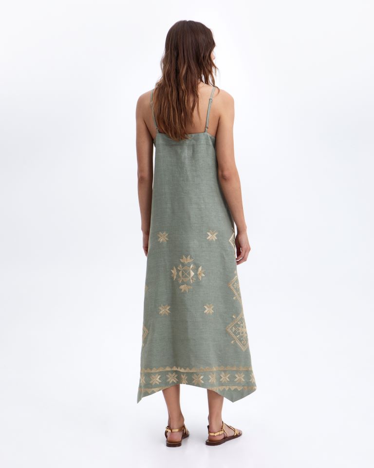 Greek Archaic Kori Sage Linen V-Neck Maxi Sundress
